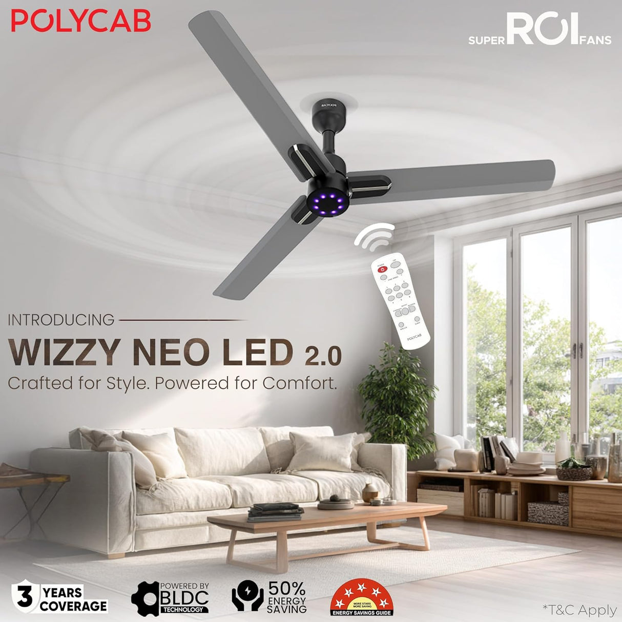 Polycab Wizzy Neo LED 2.0 1200mm BLDC Ceiling Fan with Remote (Classic Grey Copper)