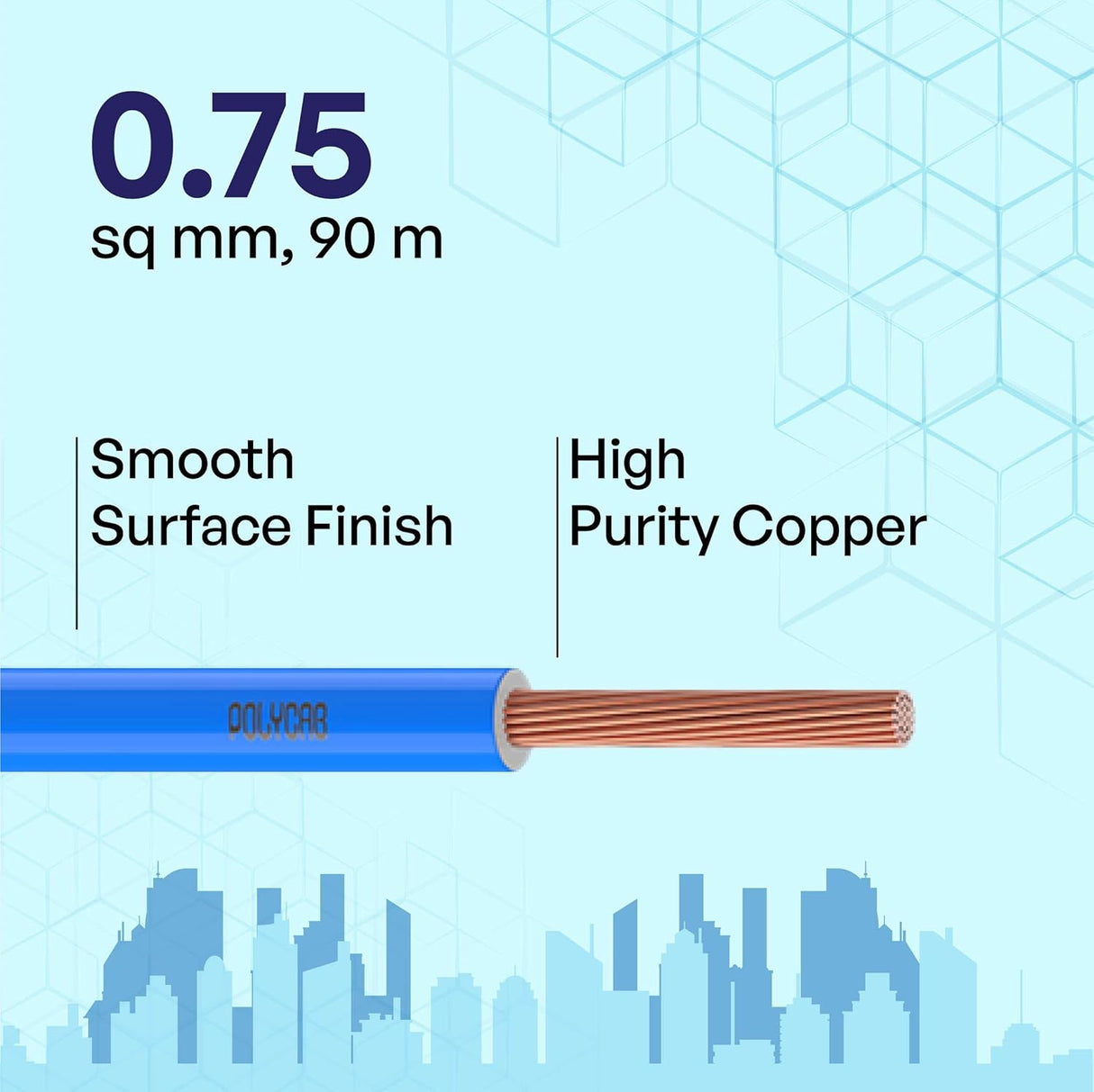 Cable with specifications on a blue geometric patterned background
