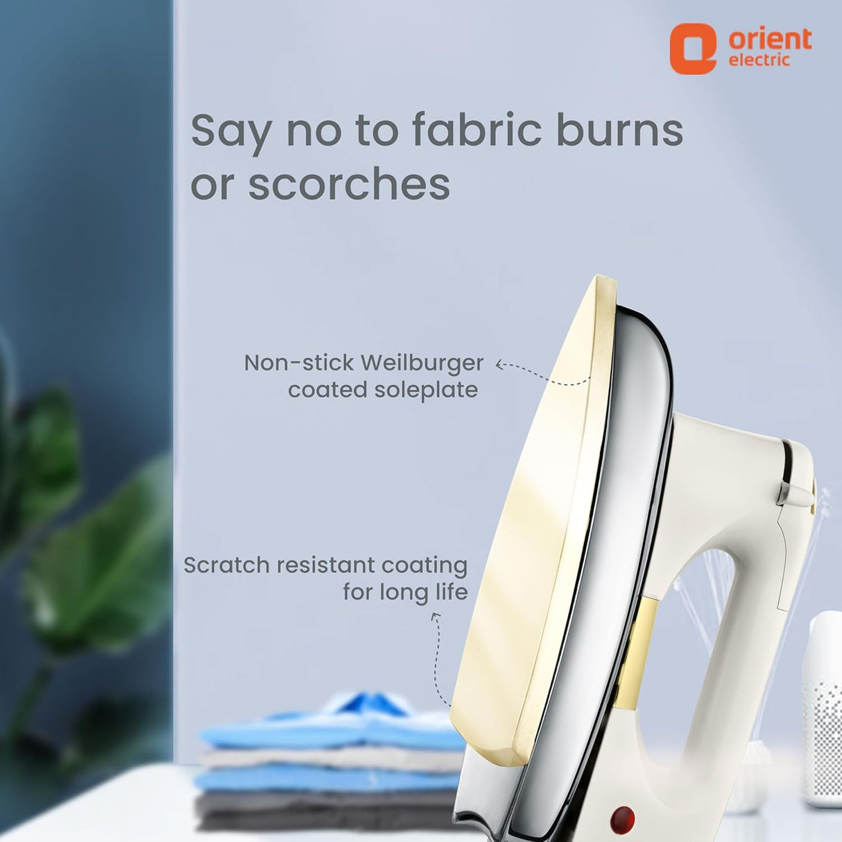 Electric iron with text highlighting features, brand 'Orient Electric' visible
