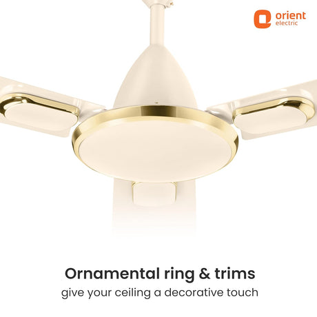 Ceiling fan with decorative ring and trims on a white background, featuring Orient Electric logo.
