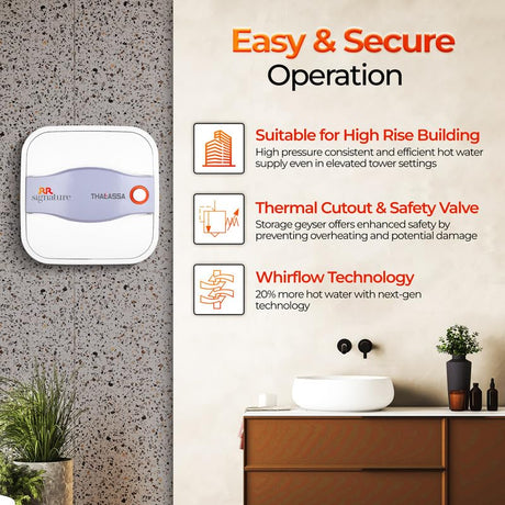 Thermostatic control valve with features listed on a bathroom wall.