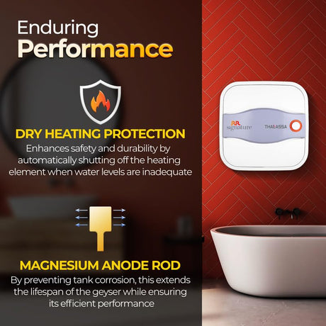 Advertisement for a water heater with text about dry heating protection and magnesium anode rod on a dark and red background.