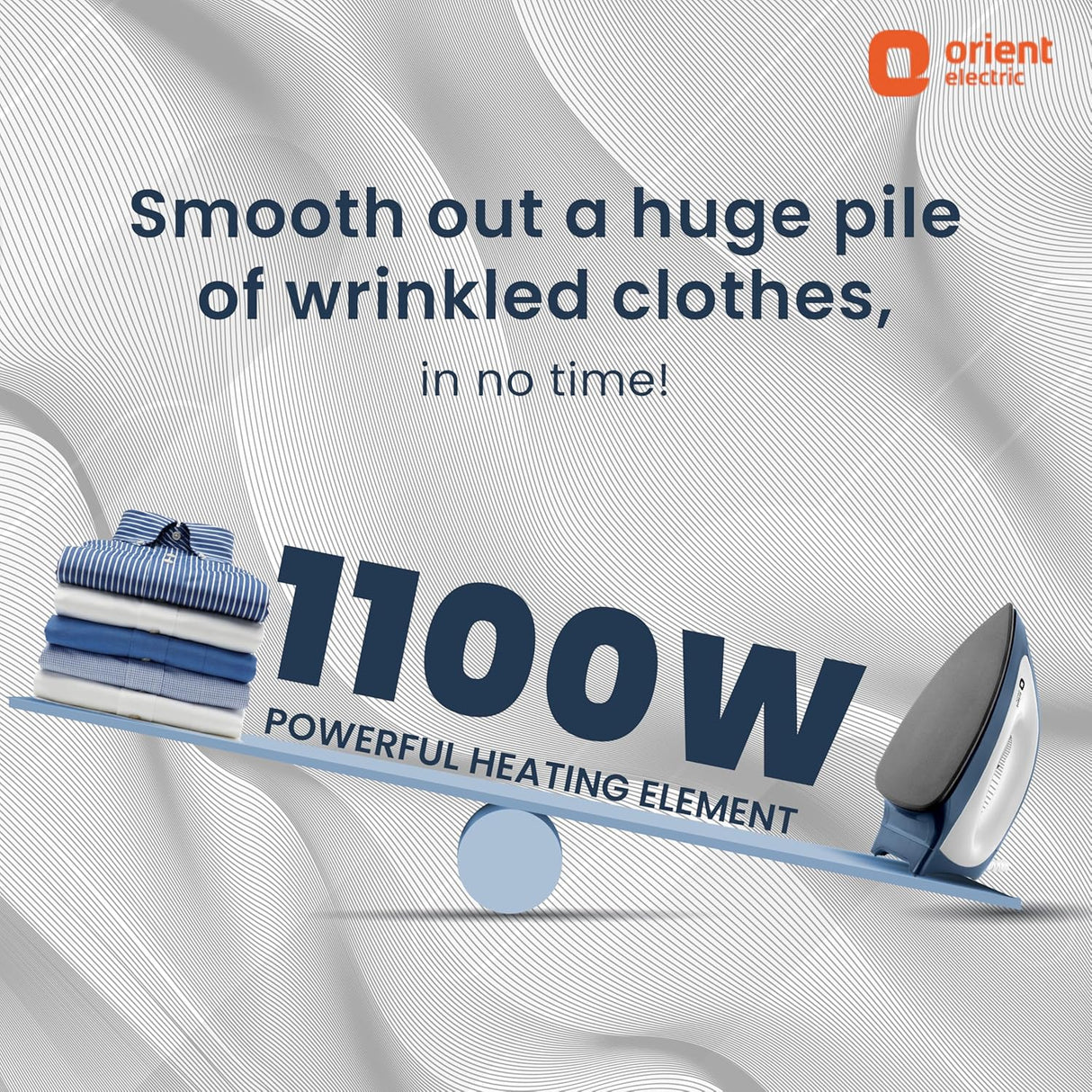 Advertisement for an iron with a 1100W heating element, featuring text about smoothing wrinkles.