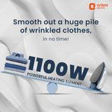 Advertisement for an iron with a 1100W heating element, featuring text about smoothing wrinkles.