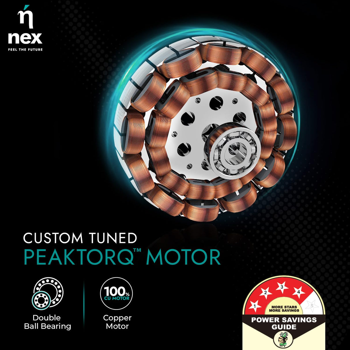 Custom tuned Peaktorq motor with nex branding on a dark background