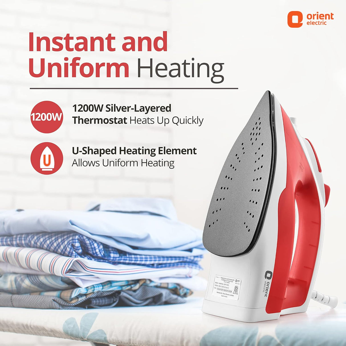 Orient Electric iron with text on instant and uniform heating, displayed on a white background.