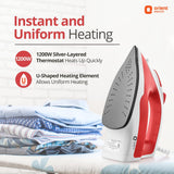 Orient Electric iron with text on instant and uniform heating, displayed on a white background.