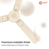 Ceiling fan with a premium metallic finish on a white background, featuring the Orient Electric logo.