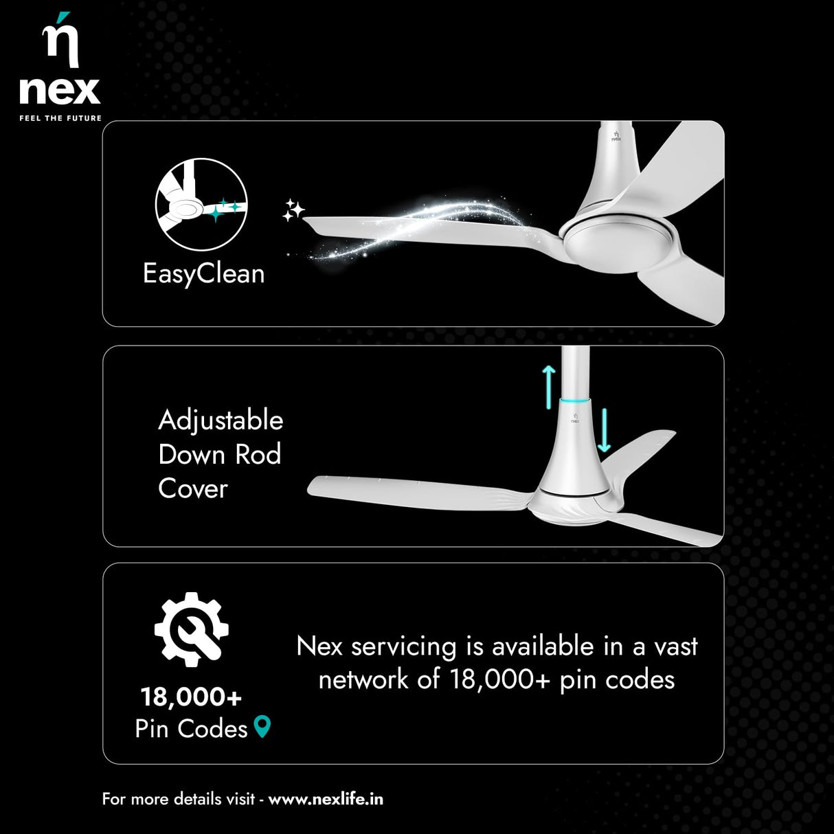 Ceiling fan with features highlighted on a black background, including 'EasyClean', 'Adjustable Down Rod Cover', and 'Nex' branding.
