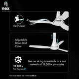 Ceiling fan with features highlighted on a black background, including 'EasyClean', 'Adjustable Down Rod Cover', and 'Nex' branding.