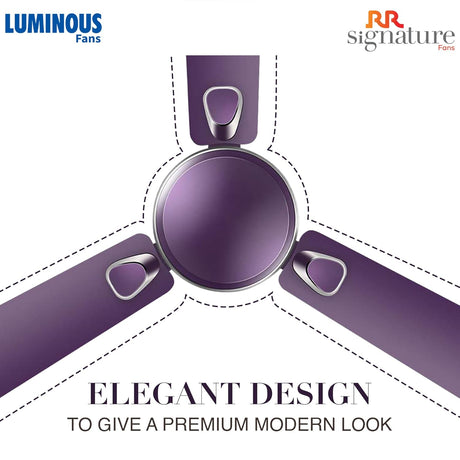 Purple ceiling fan with 'Luminous' and 'RR Signature' branding on a white background.