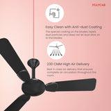 Ceiling fan with anti-dust coating and high air delivery features on a pink background