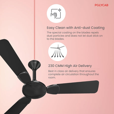 Ceiling fan with anti-dust coating and high air delivery features on a pink background