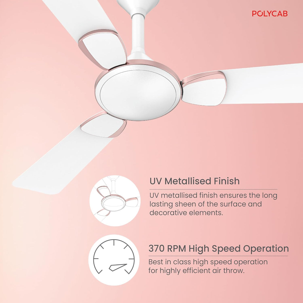 Ceiling fan with UV metallised finish and 370 RPM high speed operation on a pink background, featuring Polycab brand.