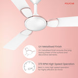 Ceiling fan with UV metallised finish and 370 RPM high speed operation on a pink background, featuring Polycab brand.