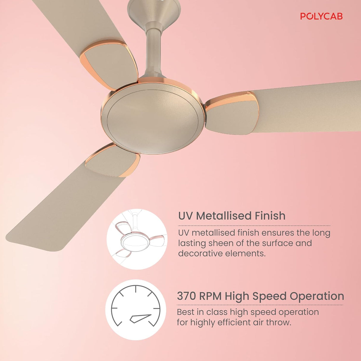 Ceiling fan with UV metallised finish and 370 RPM high speed operation on a pink background, featuring Polycab brand.