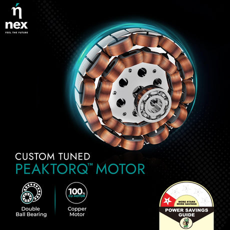Custom tuned Peaktorq motor with nex branding on a dark background