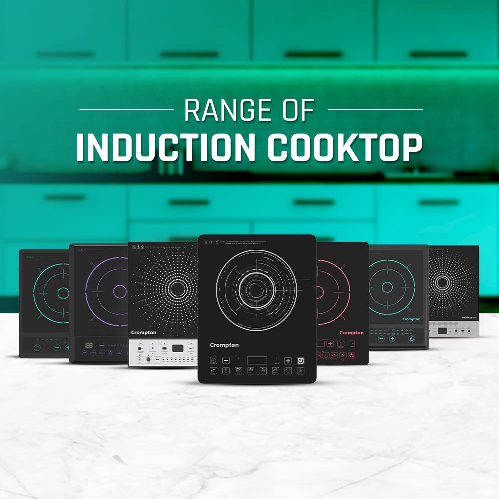 Induction cooktops displayed on a white surface with a teal kitchen background.