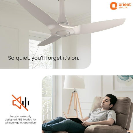 Ceiling fan with text about quiet operation and a person relaxing in a room.