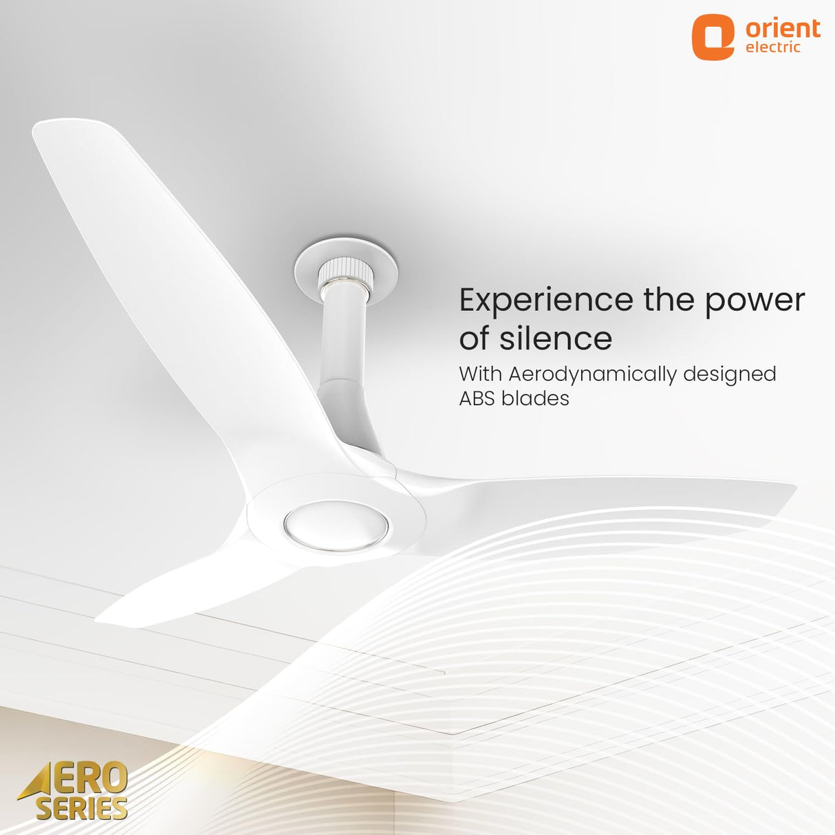 Ceiling fan with Aerodynamic blades on a white background, featuring Orient Electric branding.
