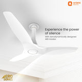 Ceiling fan with Aerodynamic blades on a white background, featuring Orient Electric branding.