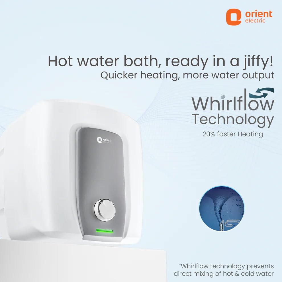 Orient Electric water heater with Whirlflow Technology on a light blue background