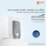 Orient Electric water heater with Whirlflow Technology on a light blue background
