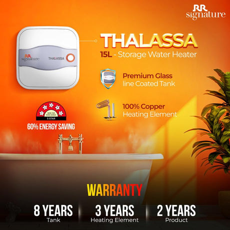 Advertisement for Thalassa 15L storage water heater with features and warranty information on an orange background.