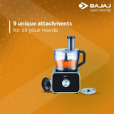 Bajaj FX-1000 DLX Food Processor & Mixer Grinder | 1000W Copper Motor | 9 Attachments | 3 Jars | Safety Interlock | Black