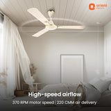 Ceiling fan in a bedroom with 'Orient Electric' branding and product features.