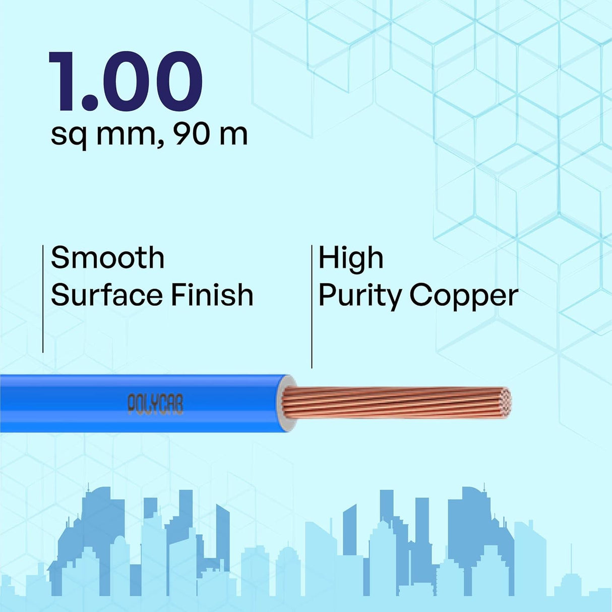 Cable with specifications on a blue geometric patterned background