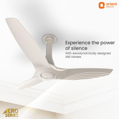 Ceiling fan with Aerodynamic blades on a white background, featuring Orient Electric branding.