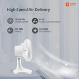 White fan with specifications on a light gray background, featuring the Orient Electric brand.