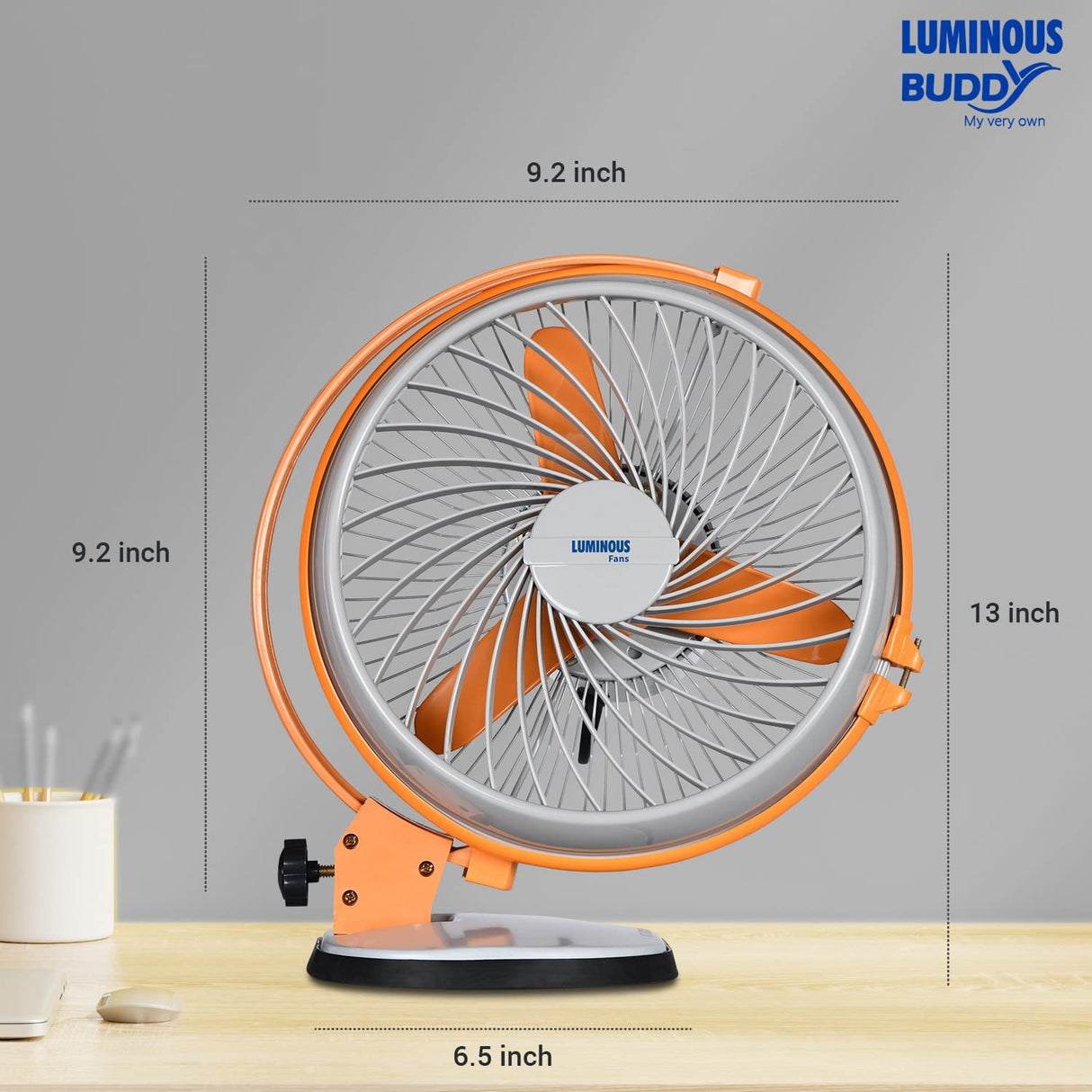 Orange and gray fan with dimensions on a gray background, featuring the Luminous Buddy brand.