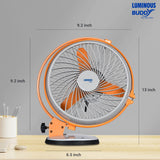 Orange and gray fan with dimensions on a gray background, featuring the Luminous Buddy brand.