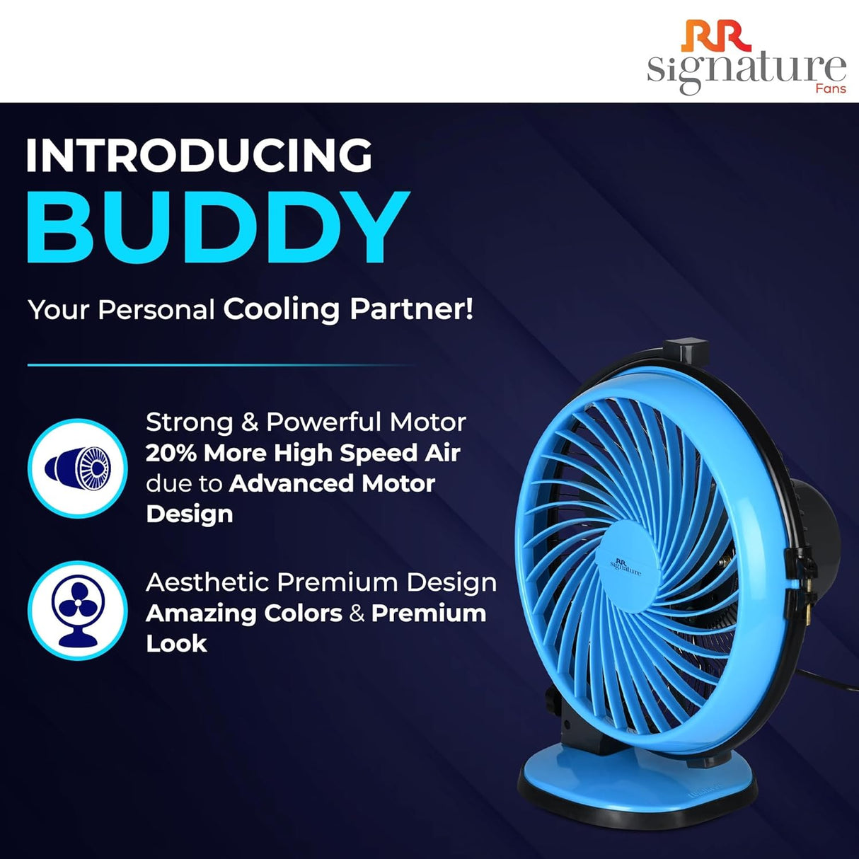 Blue fan with promotional text about 'Buddy' on a dark background