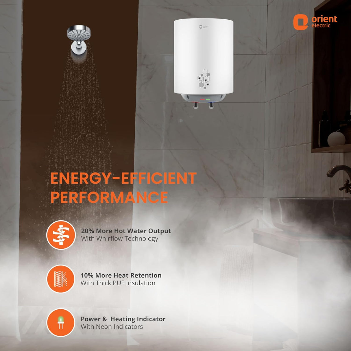 Orient electric water heater with shower head on a bathroom background, highlighting energy-efficient features.