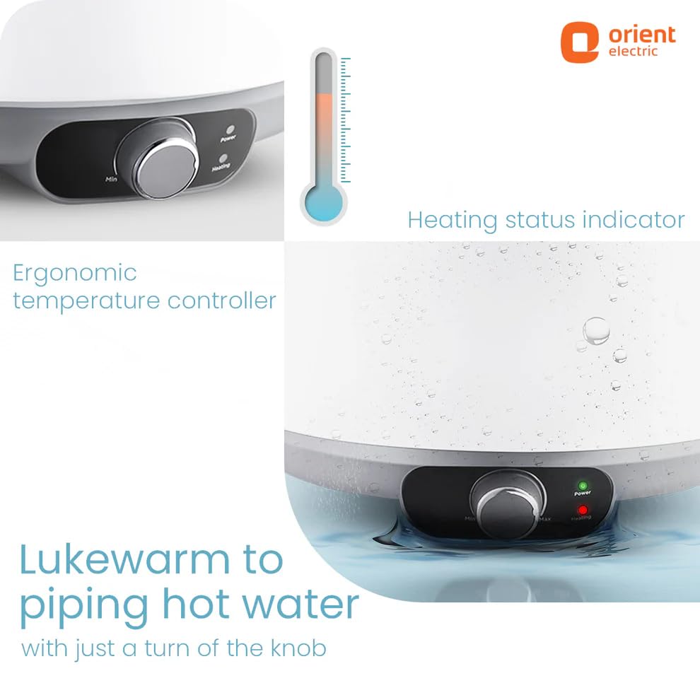 Orient Electric water heater with temperature controller and heating status indicator on a white background.