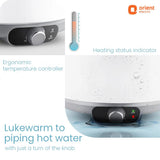 Orient Electric water heater with temperature controller and heating status indicator on a white background.