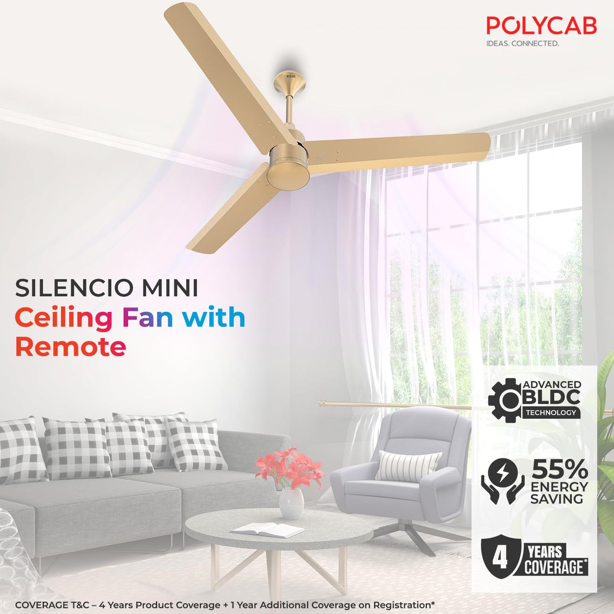 Polycab Silencio Mini 1200mm BLDC Remote Ceiling fan with remote (BRIKEN GOLD)