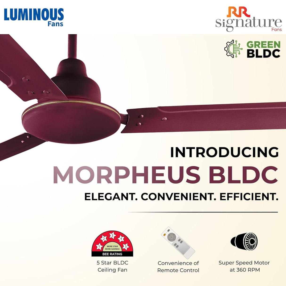 RR Signature (Previously Luminous) 1200 MM Morpheus BLDC Ceiling Fan with Remote (Brown)