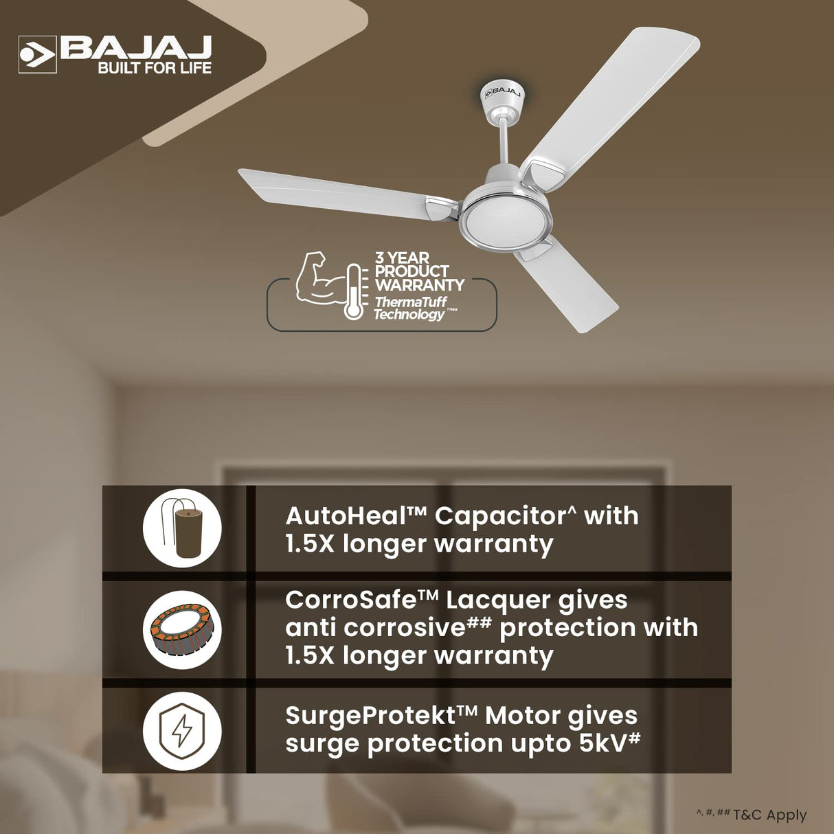 Bajaj Crescent 12S1 1200mm Sparkle White and Chrome Ceiling Fan