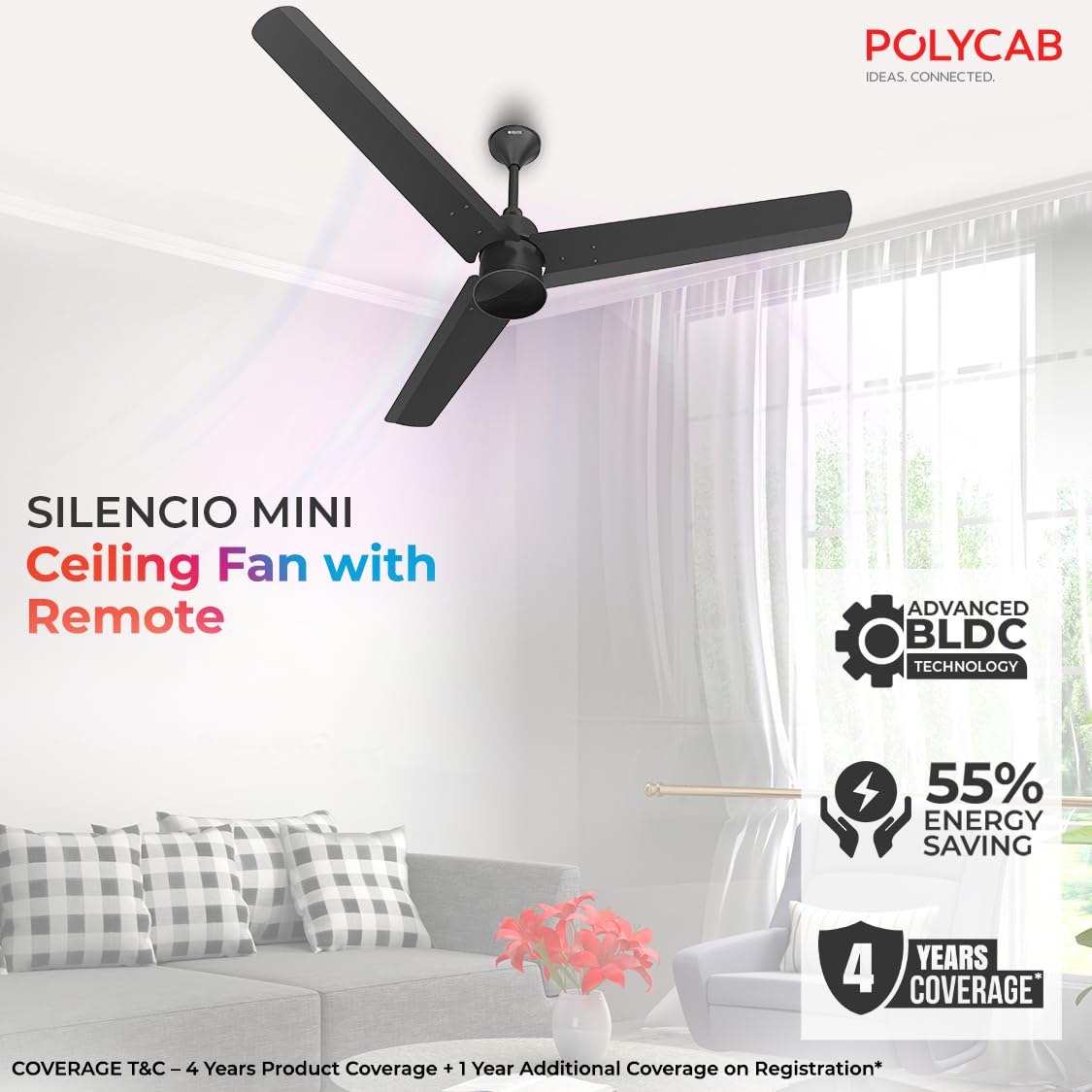 Polycab Silencio Mini 1200m BLDC Ceiling Fan with Remote (MATT BLACK)