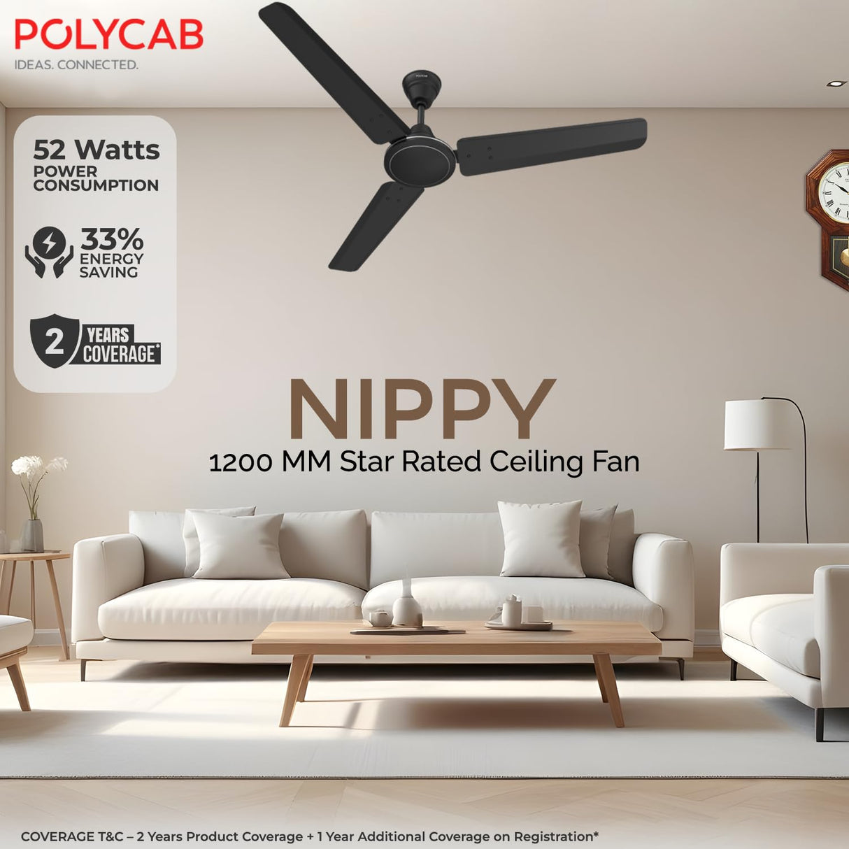 Polycab Nippy 1200mm High Speed 3 Blade Ceiling Fan (Matt Black)