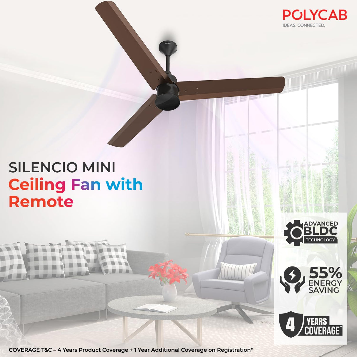 Polycab Silencio Mini BLDC 1200mm Ceiling Fan with Remote (Pearl Brown)