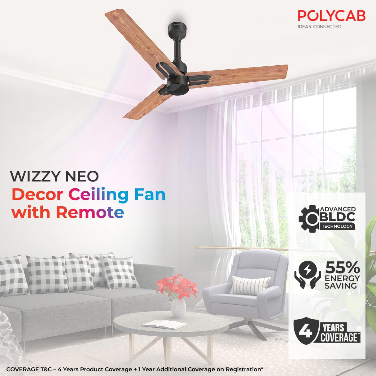 Polycab Silencio Mini BLDC 1200mm Ceiling Fan with Remote (NATURAL WOOD)