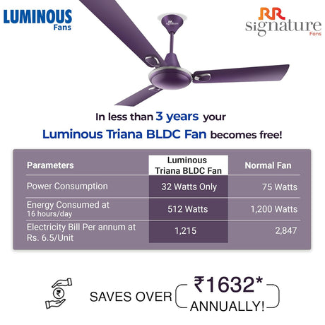 Luminous Triana BLDC fan with energy saving benefits on a white background