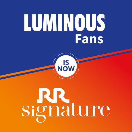 Promotional graphic for Luminous Fans becoming RR Signature with a blue and orange gradient background.