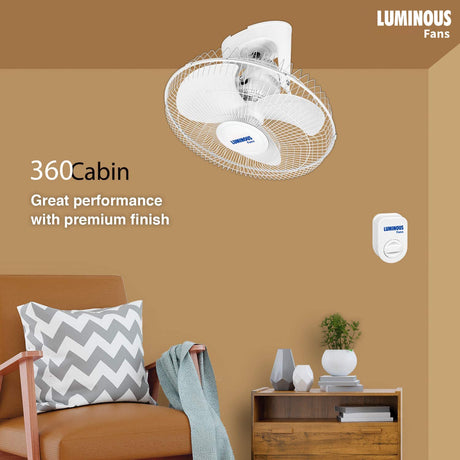 Luminous 360Cabin ceiling fan on a brown wall with a living room setup.
