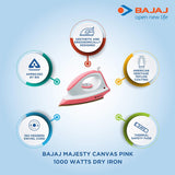 Bajaj ABS Majesty Canvas 1000Watt Dry Iron (Pink)